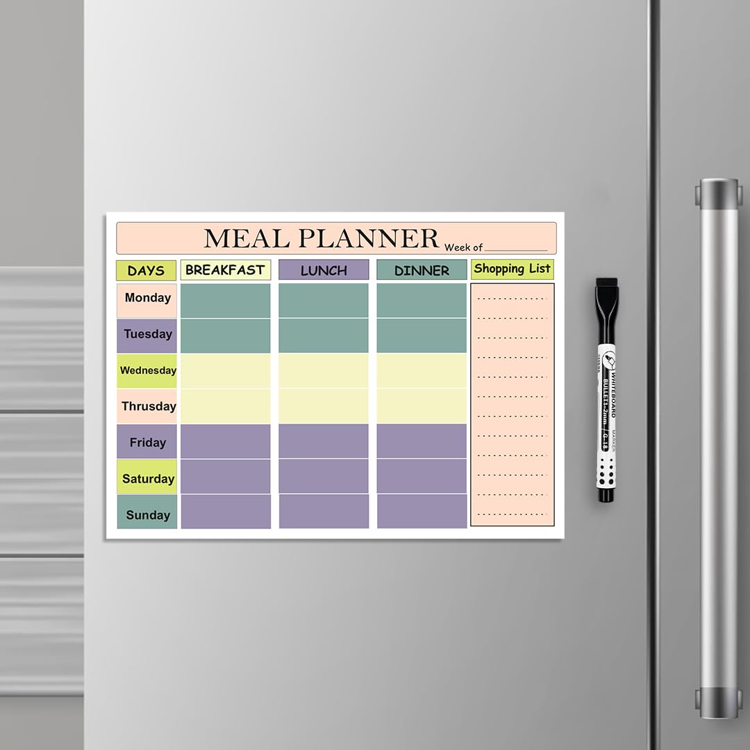 Eduway Magnetic Weekly Meal Planner | for Fridge and Wardrobe | with 1 Marker | Covers All Days with Grocery Planner Lis