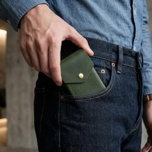 Image of The Wallet Store Flip 2.0 Genuine Leather Vertical Slim Wallet for Men | Pull-String Quick Card Access | Compact Front Cash Pocket & Button Lock | Minimalist Travel & Daily Carry Wallet (Dark Green)
