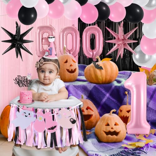 Image of Spooky One High Chair Banner for Halloween First Birthday Party Decorations | Pink Ghost Hallow-One Birthday High Chair Fabric Banner for Girls 1st Boo Day High Chair Banner for Backdrop Decorations