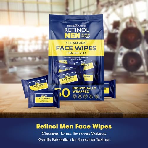 LIVAURA Retinol Men’s Individually Wrapped Wipes, Large Face and Body Wet Wipes with Micellar Water and Vitamins A-C-E, 30 Travel Essentials