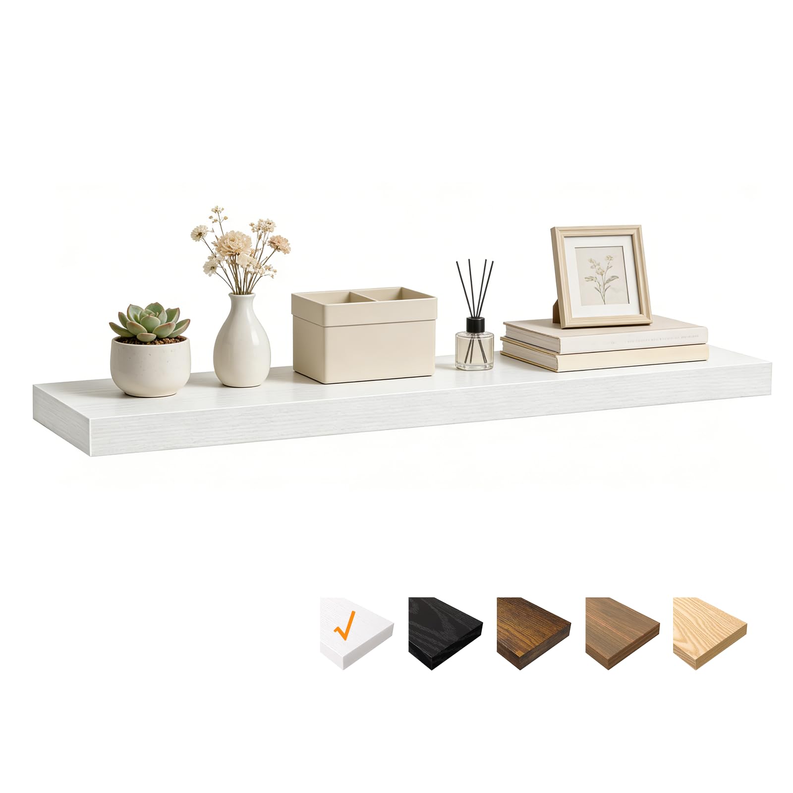 RICHER HOUSE White Floating Shelves for Wall, 100 x 23.5 x 3.8 cm Wooden Shelves, Wall Decor with Invisible Brackets for Bedroom, Living Room, Bathroom, Kitchen, Laundry, Office