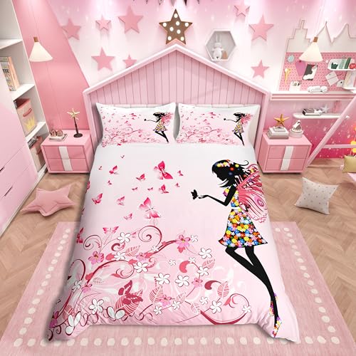 Fille Housse de Couette enfants rose fleur papillon literie ados dames chambre à coucher décoration Parure de Lit jeune fille romantique Comfort housse de...