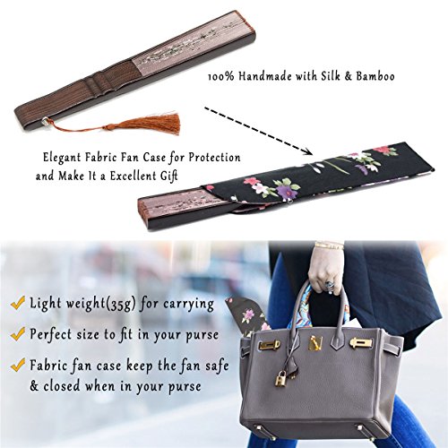 Omytea® "Grassflowers" 8.27"(21Cm) Hand Held Folding Fans - With A Fabric Sleeve For Protection For Gifts - Chinese/Japanese Vintage Retro Style (Brown) #TOP4