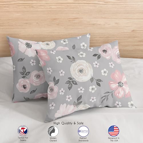 Image of Sweet Jojo Designs Grey Watercolor Floral Girl Full /Queen Bedding Comforter Set Kids Childrens Size - 3 Pieces - Blush Pink Gray and White Shabby Chic Rose Flower Polka Dot Farmhouse