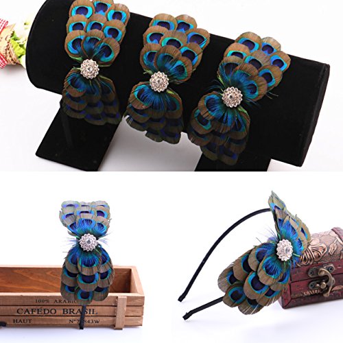 Runheng faite main Pince à cheveux, plumes de paon Naturel plumes Barrette