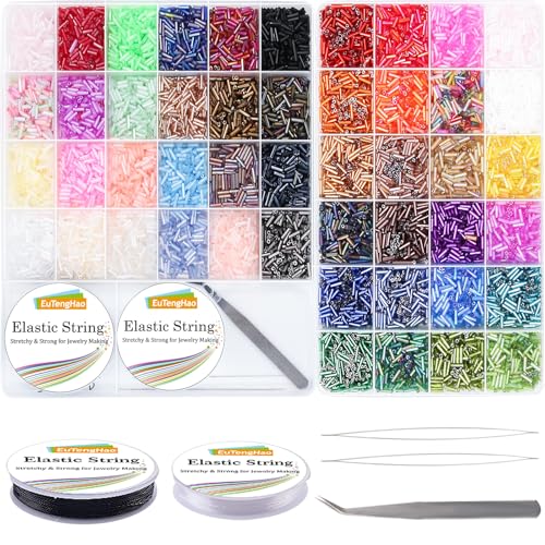 EuTengHao 14400pcs Tube Beads Kit Glass Bugle Seed Beads Small Craft Beads for DIY Crafting Jewelry Making Supplies (7mm 300 Per Color 48 Colors)