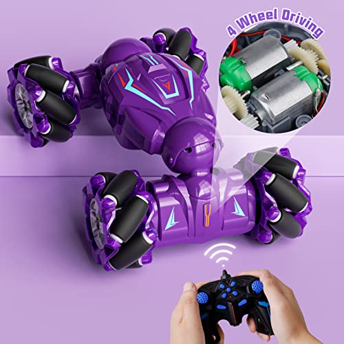 Rc Stunt Car, Gesture Sensor Remote Control Stunt Car Toys For Kids Age 6 7 8 9 10 11 12 Years Old, 2.4Ghz 4Wd Rc Double Sided 360° Flips Off Road Vehicle With Lights Music,Gifts For Boys Girls-Purple #TOP4
