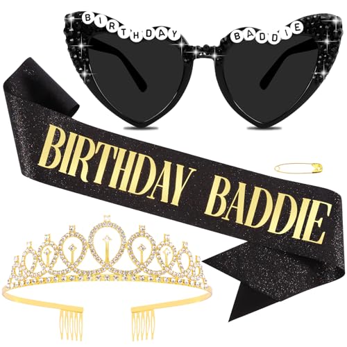Baddie Party Decorations for Women, Birthday Baddie Sash, Heart-shaped Sunglasses, Black Sash with Gold Foil for Birthday Accessories Party Favors Supplies