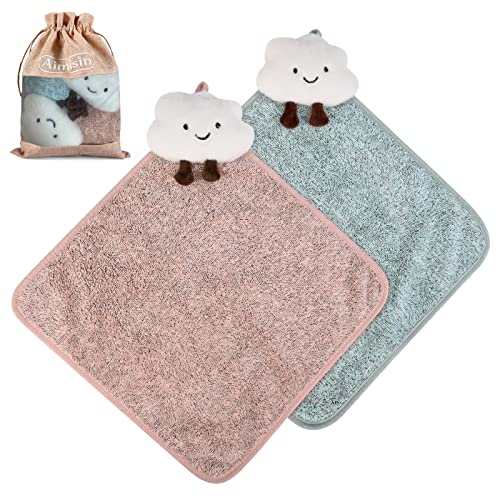 Aimisin 2Pcs Hand Towels With Hanging Loop, Cute Clouds Design For Children Adult Soft Absorbent Fast Dry Bamboo Charcoal Hand Towel, For Kitchen/Bathroom/Bedroom(Green+Pink) #TOP8