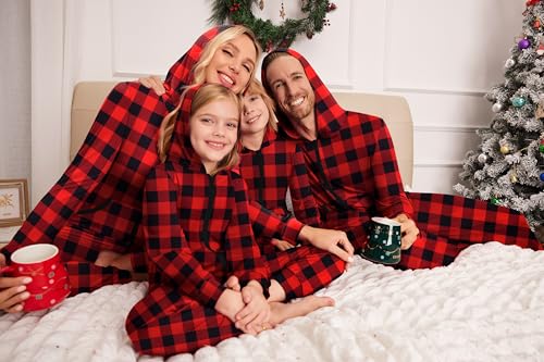 Ekouaer Christmas Matching Family Onesie Pajamas Hoodie One Piece Pajamas Zipper Thermal Sleepwear with Pockets Family Christmas Buffalo Plaid Print M3