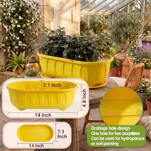 Image of Plastic Rectangle Round Corner Flower Pots with Drainage Hole Saucers Durable Outdoor Indoor Planters with Tray Plant Containers for Balcony, Garden, Home & Office (Yellow, 5)