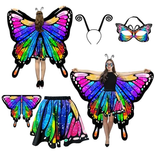 Jackcell Butterfly Costumes for Women - Double Sided Halloween Butterfly Wings Cape with Fairy Skirt for Adults, Fairy Fantasy Dress Up Costume Set for Cosplay Festival Party (Colorful)