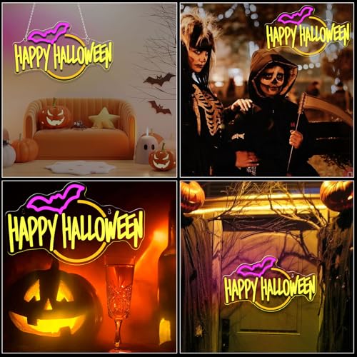 Image of Happy Halloween Neon Sign Bat LED Light Up for Bedroom Home Bar Halloween Decor Trick or Treat Party Backdrop USB Powered