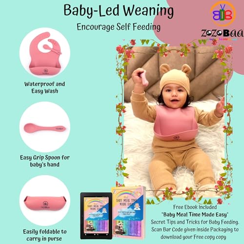 Image of Silicone Baby Bib with Spoon and Fork Set | Waterproof Adjustable Bib & First Stage Feeding Utensils for Infants & Toddlers | Soft Silicone Spoon for Baby 6 Months+,1 Set, Dark Red