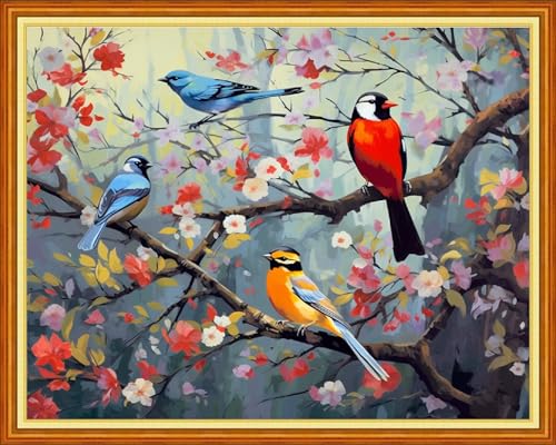 Image of Dimxvean Stamped Cross Stitch Kits,Cross Stitch Kits for Adults Beginners,Embroidery Kits Full Range of Cross Stitch Stamped Kits Needlepoint Kits Cross Stitch Patterns-Birds on Trees 16x20 inch
