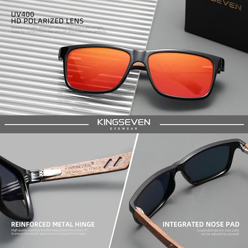KINGSEVEN Design Wood Polarized Rectangular Sunglasses for Men, Walnut Wooden Frame Mirrored Glasses for Driving W55083