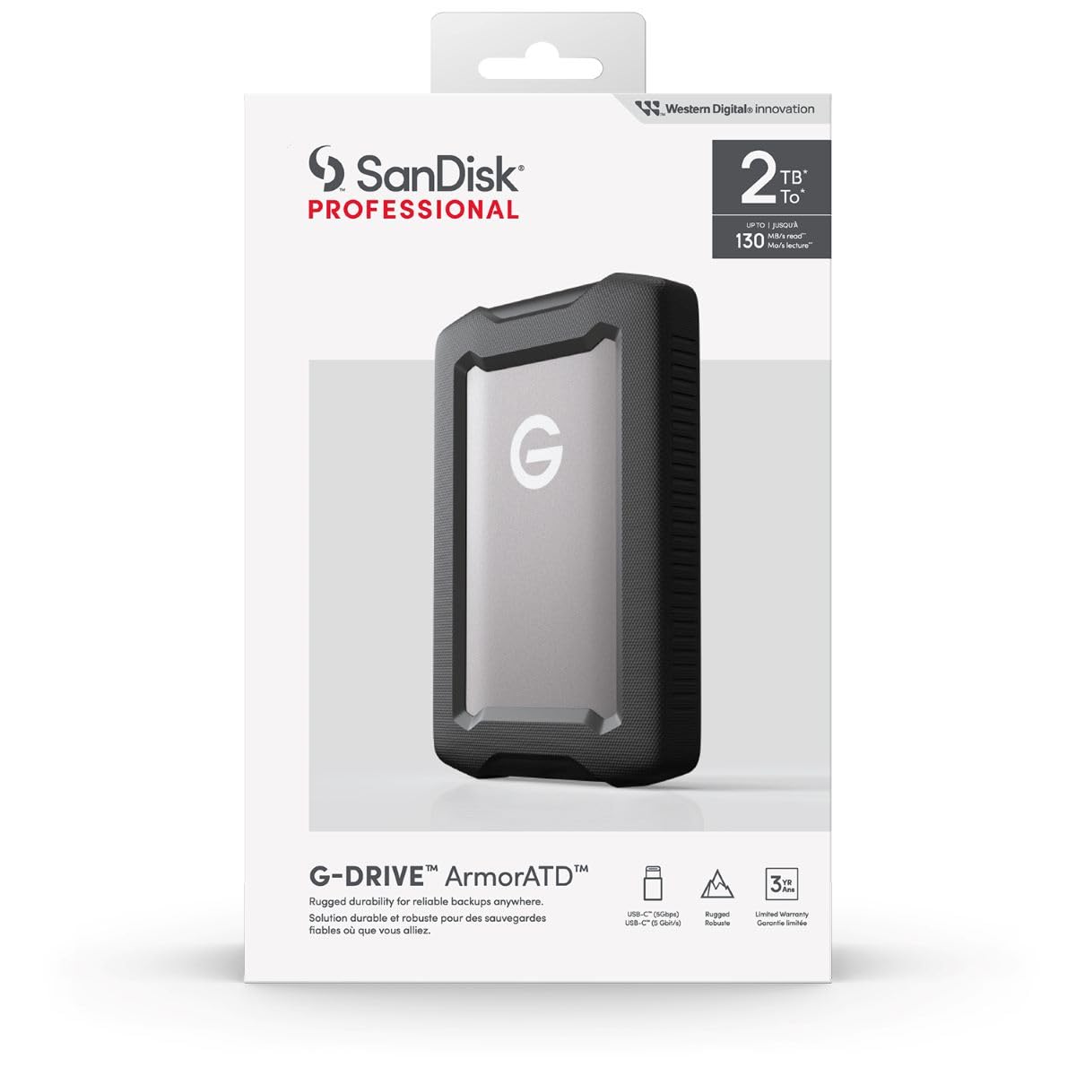 G-DRIVE ArmorATD 2TB, HDD portatile USB-C (5Gbps), USB 3.2 Gen 1, Thunderbolt 3, fino a 130 MB/s
