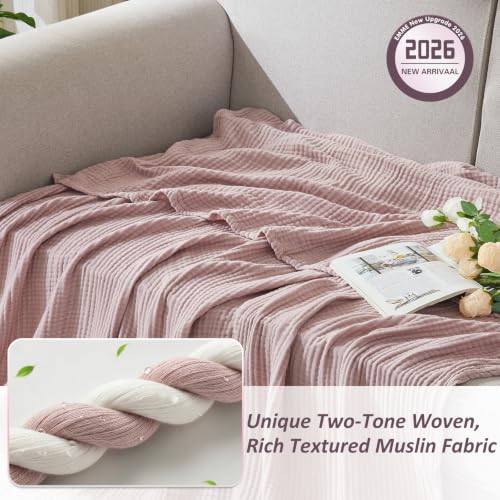 Image of EMME Muslin Cotton Blanket Adults Heather Dusty Pink Queen 90 inchx90 inch