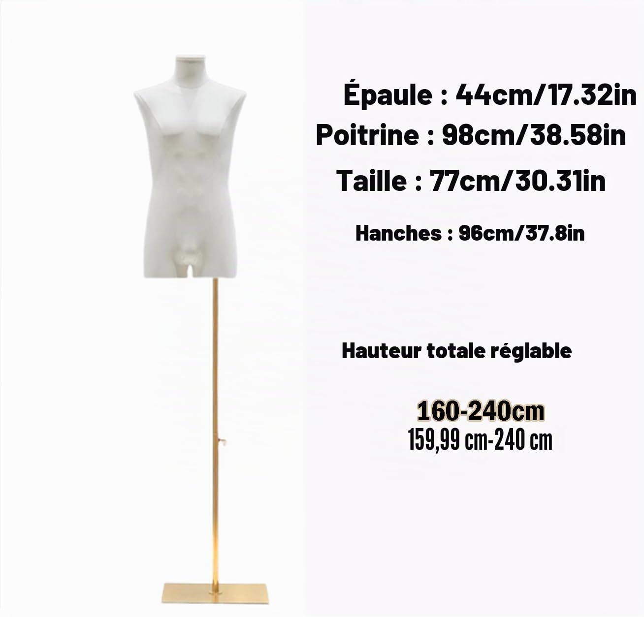 Mannequin Homme, Buste Mannequin Couture de Vitrine Réglable en Hauteur (160-240cm), Manequin Masculin sur Pied pour Vêtement de Présentation Hommes Couture et Design de Mode