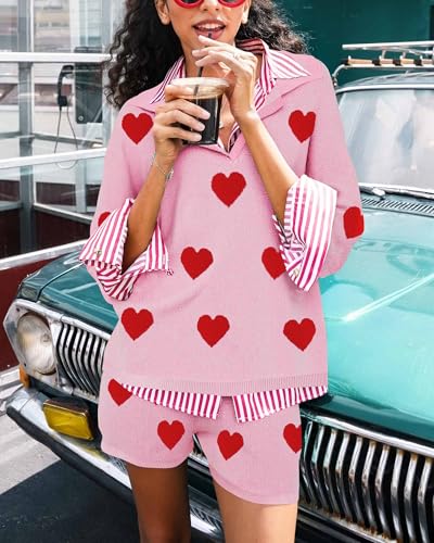 Image of Tankaneo Womens Sweater Set 2 Piece Outfits Oversized 3 /4 Sleeve V Neck Knit Tops High Waisted Shorts Lounge Sets
