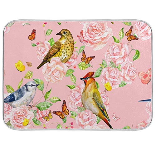Orezi Absorbent Dish Drying Mat For Kitchen Counter With Hanging Loop,Cute Birds Pink Roses Butterfly On Roses Drying Mat For Countertops Sinks Refrigerator Dishwashing Area,18 X 24 Inches #TOP25