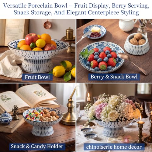 Ferrochef Blue and White Ceramic Fruit Bowl with Drainage Holes, 7.9" Blue and White Porcelain Fruit Basket with Removable Pedestal, Chinoiserie Floral Decor Decorative Fruits Bowl for Kitchen Decor by Ferrochef - Used condition - Image 6