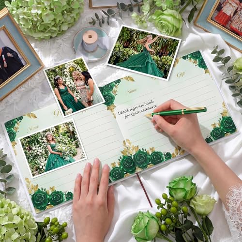 Image of MotiMind Quinceanera Guest Book with Pen 11 x 8 Inch Libro De Firmas Para 15 Anos Quinceanera Leather Hardcover Signature Guest Sign in Book for 15th Party Favors Decoration (Green,Elegant)