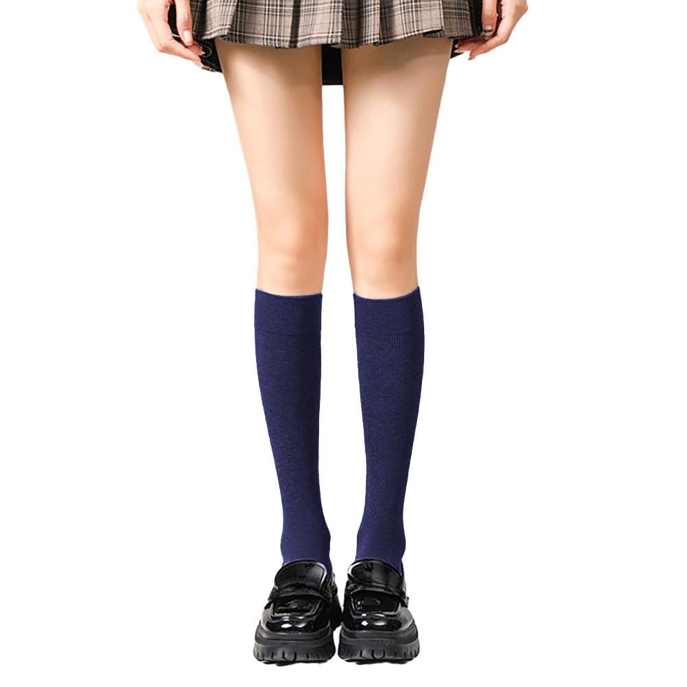 URMAGIC Calcetines hasta la rodilla para niñas, uniforme escolar, calcetines hasta la rodilla, calcetines de vestir de algodón liso suave, negro, blanco, azul marino, gris