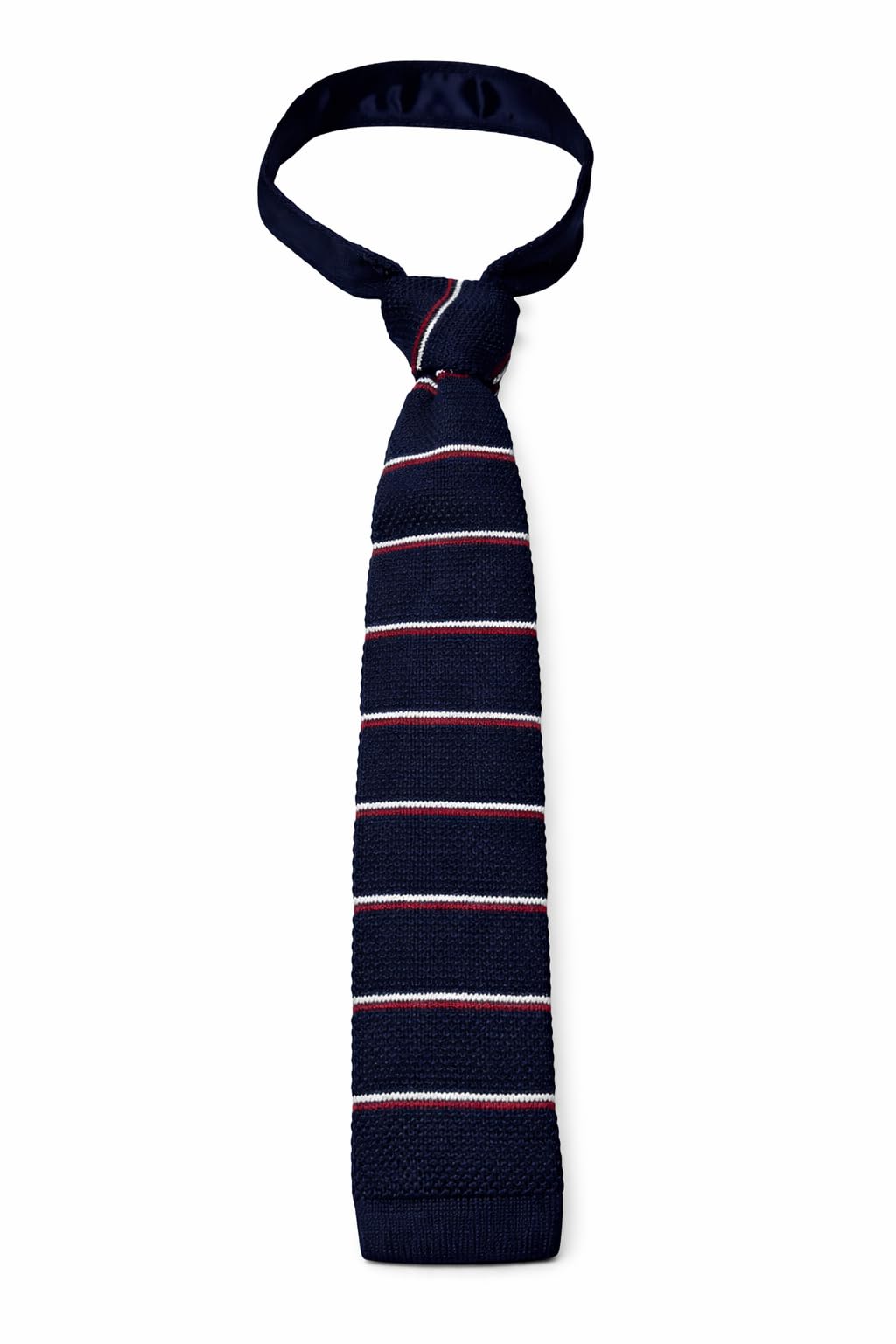 calixto Men’s Pre-Tied Knitted Tie – Classic Navy Blue with Red & White Stripes – Elastic Neckband, No-Knot Required, Slim Modern Style for Work, School & Formal Wear-picture-53