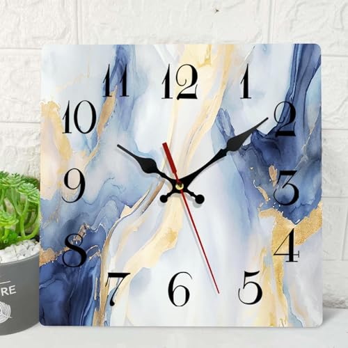 ArtSocket Blue Golden Marble Wooden Wall Clock Silent Non-Ticking, Rose Gold Green Geometric Abstract Square Rustic Wall Clocks Decor for Home Kitchen Living Room Office, Battery Operated(12 Inch)