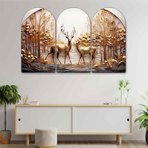 Image of Livin'luxe Golden Deer Couple Forest Arch Shape Wall Painting Set of 3 | Luxury 3D Textured Nature Art | MDF Panels for Living Room Bedroom Home Decoration (20 x 30 Inch) RPNS-35371