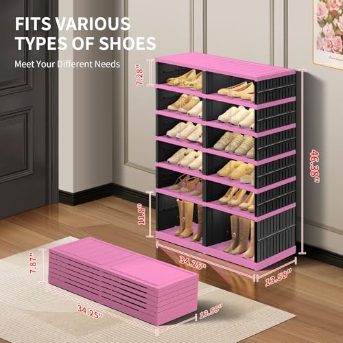 Image of CIMLORD 6-Tier Foldable Shoe Rack Organizer with Door, 24 Pairs, Black-Pink | Collapsible Large Shoe Rack for 24 Pairs, Fits Boots, Wide Stackable, Clear Door, Lidded Boxes, Easy Assembly, for Closet