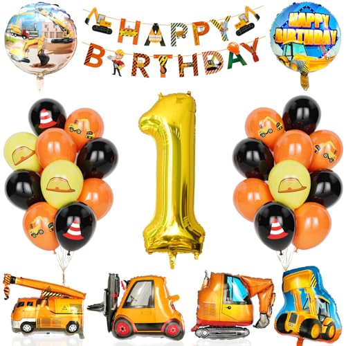 Decoration Anniversaire Chantier 1 Ans, 29Pcs Fournitures Fête Construction Avec Bannière, Ballon Numéro 1 Avec Bulldozer Grue Chariot Élévateur Ballons Pelle Pour Garçons Enfant Fête Construction