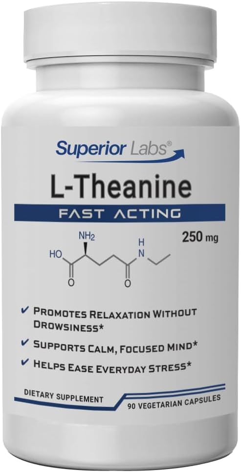 Superior Labs L-Theanine 250 mg Capsules, Non-GMO, Promotes Non Drowsy Relaxation & Helps Ease Everyday Stress, Supports Healthy Sleep, Promotes a Focused Mind, High Absorption, 90 Veg Caps