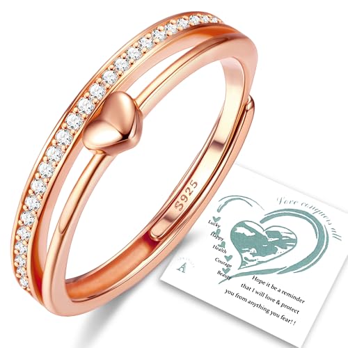 Adramata Anillos Mujer Plata de Ley 925 Anillo de Corazón Ajustable Chapados en Oro de 14K CZ Anillos de Compromiso Alianzas Boda Anillo de Promesa
