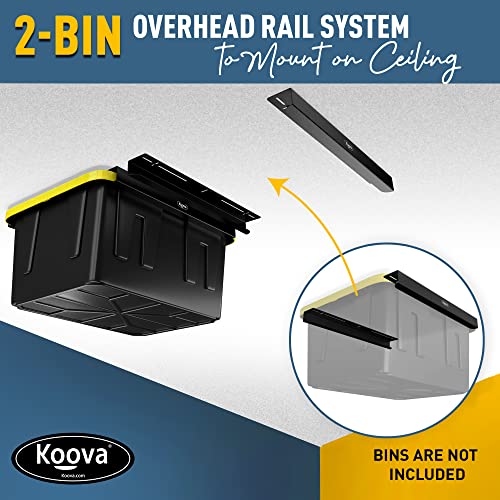 Image of Koova Heavy-Duty Overhead Garage Storage Rack for 2 Bins. Adjustable Width, 80lb Capacity. DIY Safe Ceiling Mount, Easy Install. Fits 27-Gallon Totes. USA Made Pro-Grade Steel. Space Saving Organizer