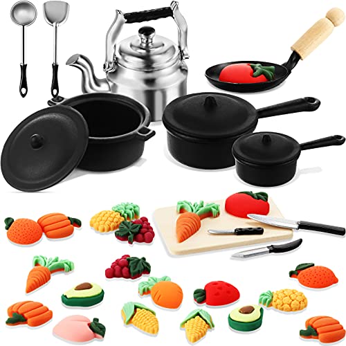 34 Pieces Dollhouse Miniature Metal Pots and Pans 1/12 Scale Mini Dollhouse Kitchen Cookware Vegetable and Fruit Sets for Adults Children Pretend Play Kitchen Cooking Game Birthday Party Present