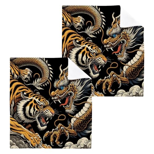 YANENDIE Dragon Tiger Fighting Washcloths Towels, Highly Absorbent and Soft Cotton Face Cloths, 2 Pack Quick Dry Wash Cloths - 12 X 12 Inches