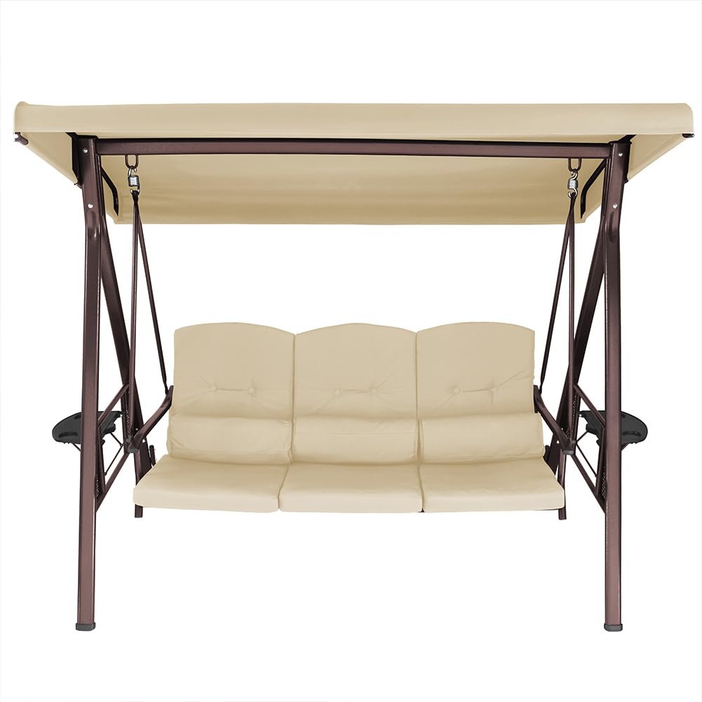 Bakaji Dondolo Da Giardino 3 Posti con 3 Cuscini Tetto Parasole Regolabile e Vassoi Pieghevoli Struttura in Metallo Seduta in Tessuto con Maxi Imbottitura 8cm (Beige)