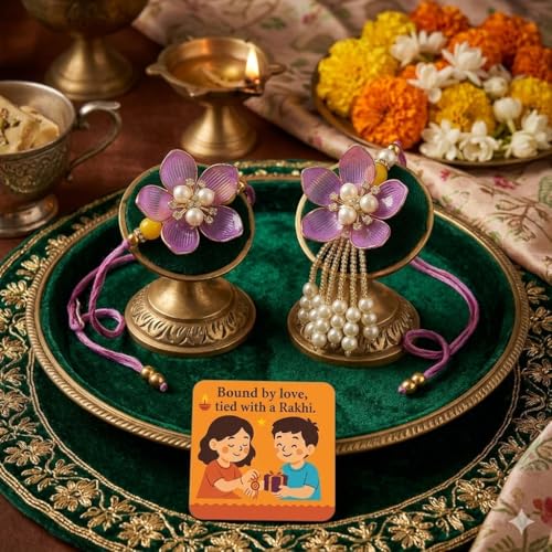 SAUDEEP INDIA Decorative Fridge Magnet for Refrigerator Decor | Purple Flower Couple Rakhi Set for Bhaiya Bhabhi | Raksha Bandhan Gift Combo | Cotton Thread Rakhi Festive Home Decor
