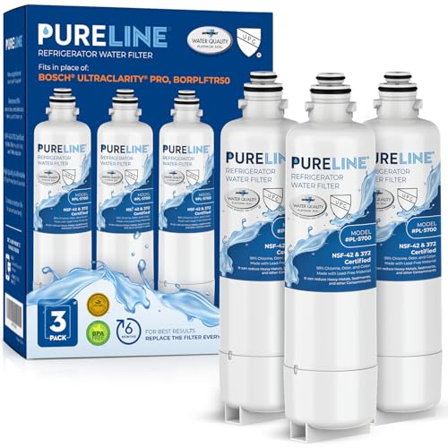 Image of Pureline Replacement for Bosch® Ultra Clarity® Pro Water Filter, BORPLFTR50, 11025825, BORPLFTR55, 12028325, 11032531, 12033030, B36CT80SNS, B36CL80ENS, WFC100MF Refrigerator Water Filter (3 Pack)