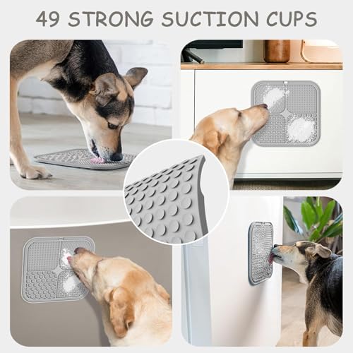 Image of ChefAide 2 Pack Lick Mat for Dogs,Cats,Upgraded 8.5x8.5 inches Licking Mats with Suction Cups,Slow Feeder Licking Pad for Anxiety Relief and Boredom Reducer,Suitable for Dog Training (Khaki+Dark Gray)