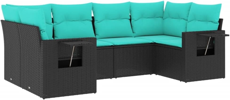 vidaXL 6 Piece Patio Sofa Set with Cushions - Black Poly Rattan Outdoor Garden Furniture - UV-Resistant Modular Design, Foldable Tables, Removable Covers, Blue Cushions