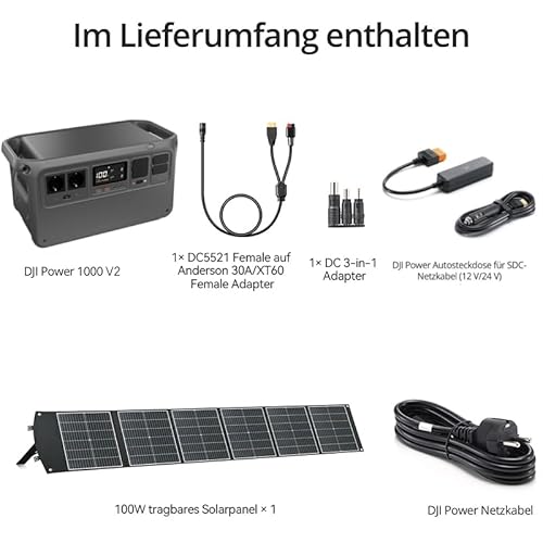 DJI Power 1000 V2 Tragbare Powerstation 1024Wh, mit 1 x 100W faltbarem Solarpanel, 1× DC5521 Female auf Anderson 30A/XT60 Female Adapter, 1× DC 3-in-1 Adapter, Autoladestecker-zu-SDC-Kabel (12 V/24 V)