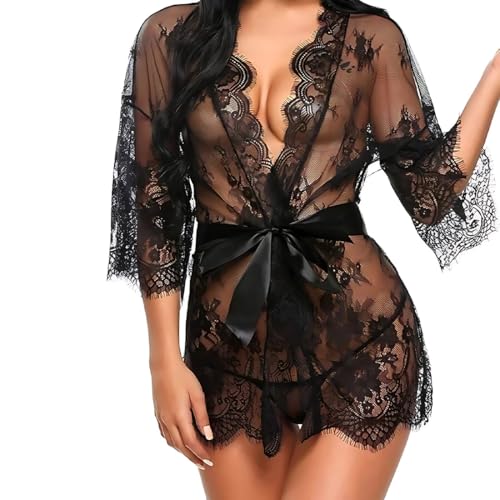 1 Stück Sexy Damen Dessous,Damenkleid Spitze Bademantel Kimono Babydoll Elegante Dessous Langarm Bademäntel Kurz Nachthemd Transparent Bikini Cover...