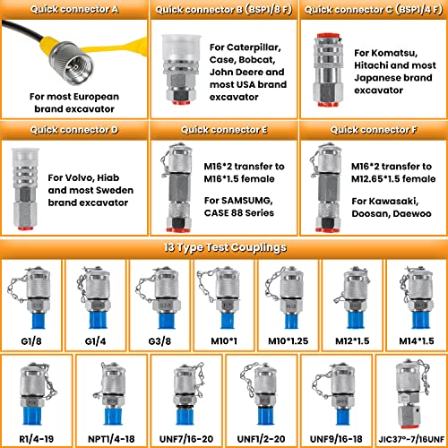 70DC Digital Hydraulic Pressure Test Coupling Kit Pressure Gauge Set for Excavator Construction Machinery 2 Gauges 2 Test Hoses 18 Couplings 29 Tee Connectors BSPP ORFS JIC JIS 700BAR/10000PSI/70Mpa