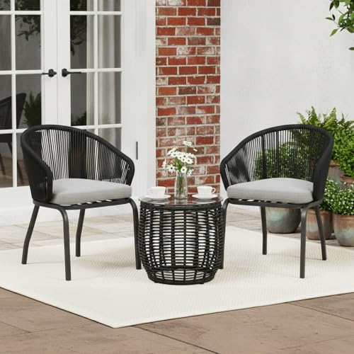 Image of DEVOKO 3 Piece Rope Patio Bistro Set with Cushions - Perfect for Balcony, Poolside, Lawn, Garden & Outdoor Meals with Friends and Family (Black and Gray)