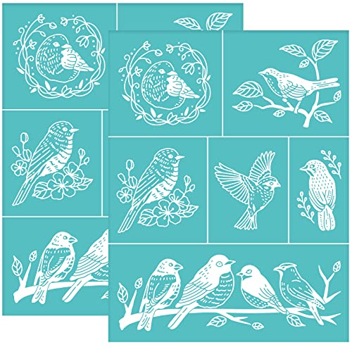 OLYCRAFT 2 Pcs Silk Screen Stencils Bird Pattern Self-Adhesive Silk Screen Printing Stencil Branch Reusable Mesh Transfer for Painting on Wood, DIY Decoration T-Shirt Fabric 8.7x11 Inch