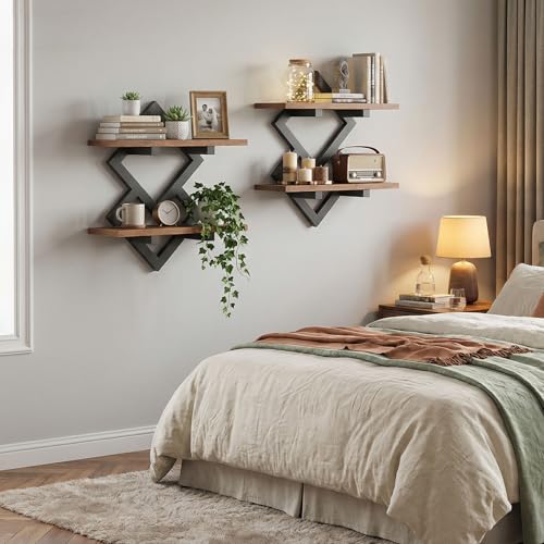 Image of HOOBRO 15 inch Floating Shelves for Wall, Set of 2 Wall shelf, 2-Tier Hanging Shelves, Wall Mounted Storage Shelf, Display Rack, for Living Room Bedroom Kitchen Bathroom, Rustic Brown and Black BF14BJP201