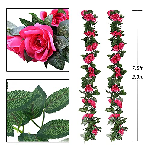 TSHAOUN 2 Pack Artificial Rose Vines Garland Fake Flower Plants Arts Hanging Decoration for Outdoor Indoor Home Kitchen Garden Office Wedding Ceremony Hotel Party 2 x 7.5 FT (Rose Red) - Image 3